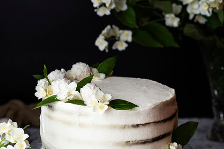 Homemade cherry flour cake stock photo containing almond and background, a Food & Drink Photo by Marina_Pronina
