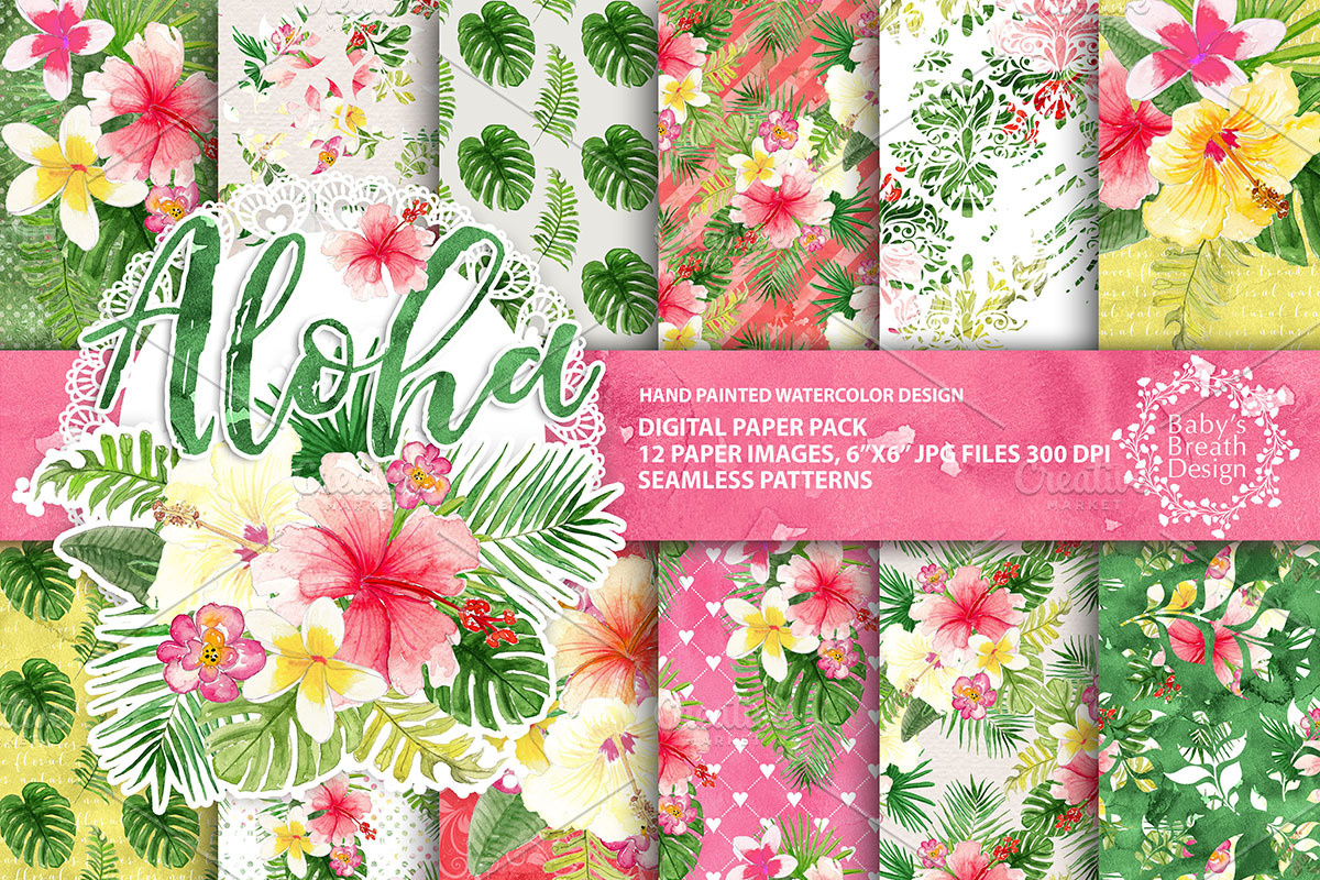 Aloha tropical digital paper pack, a Pattern Graphic by Babysbreath/Dandelionery