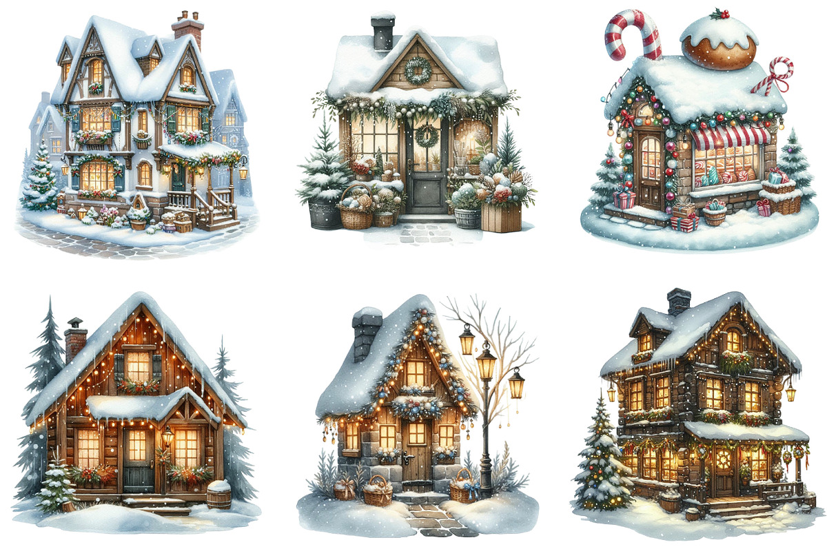 Snowy Village Christmas Clipart, an Illustration by Designking (Photo 2 of 5)
