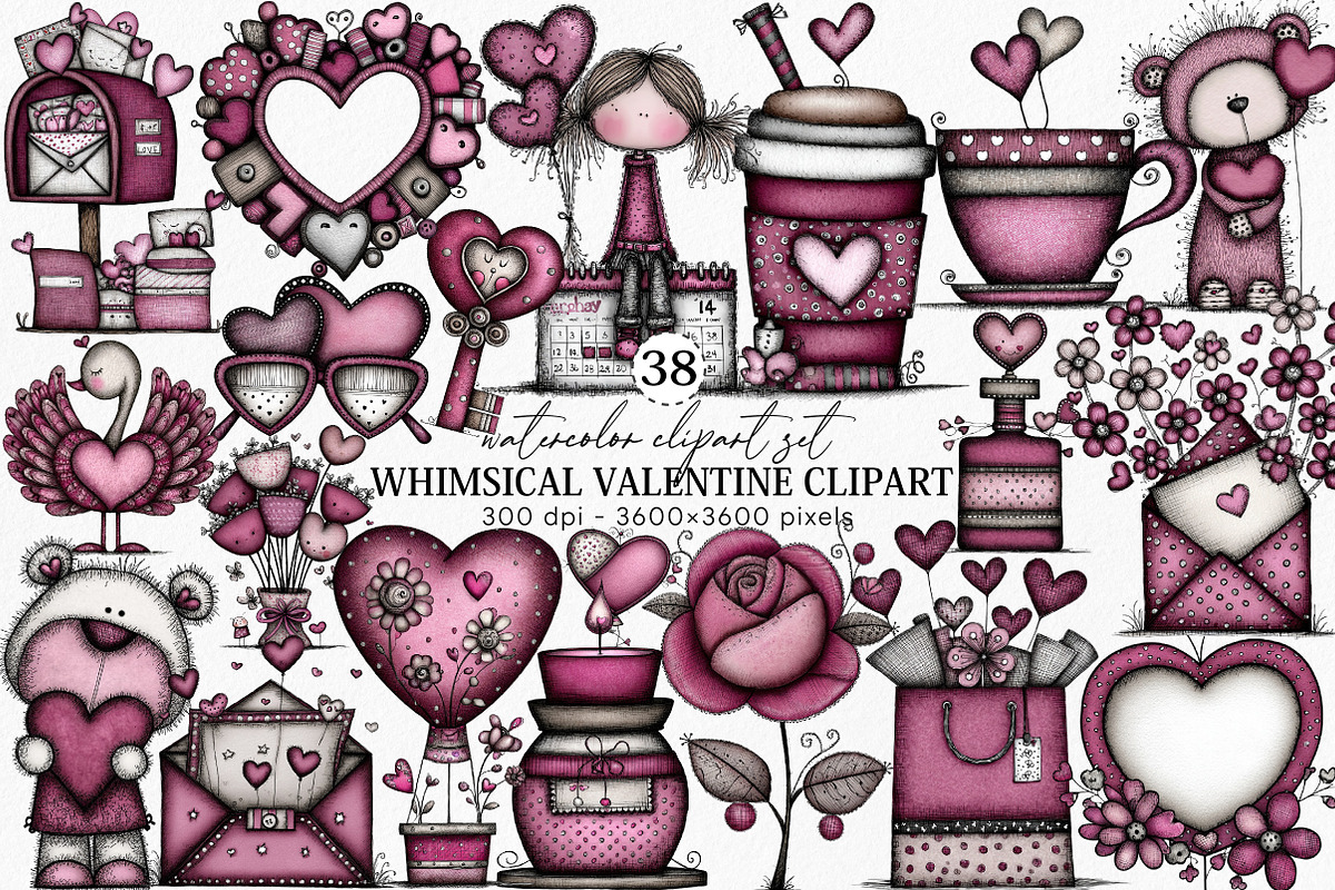 Whimsical Valentine Clipart Bundle, an Illustration by Canvas Craft (Photo 1 of 6)