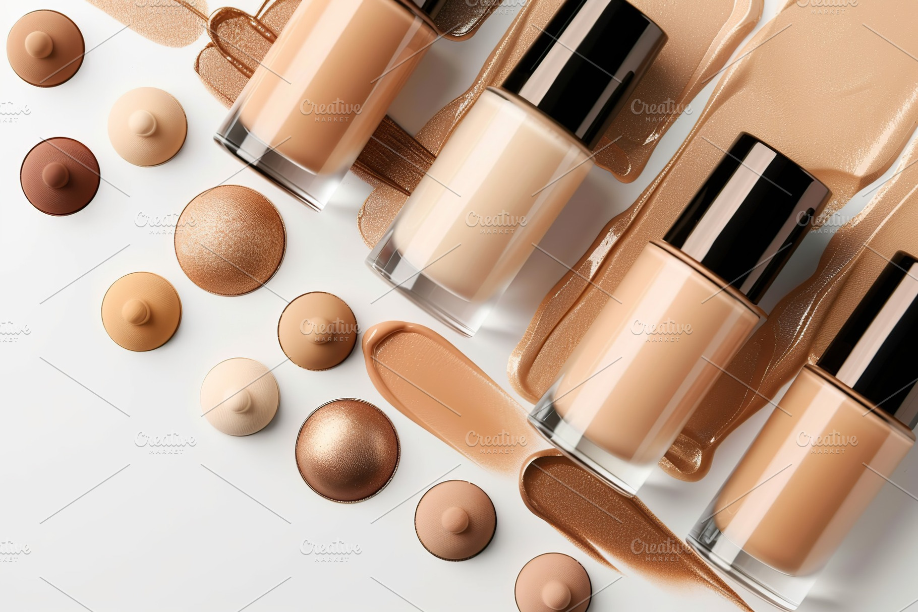 Makeup foundation swatches and bottles on white background, cream strokes, a Beauty & Fashion Photo by AlyaAnd
