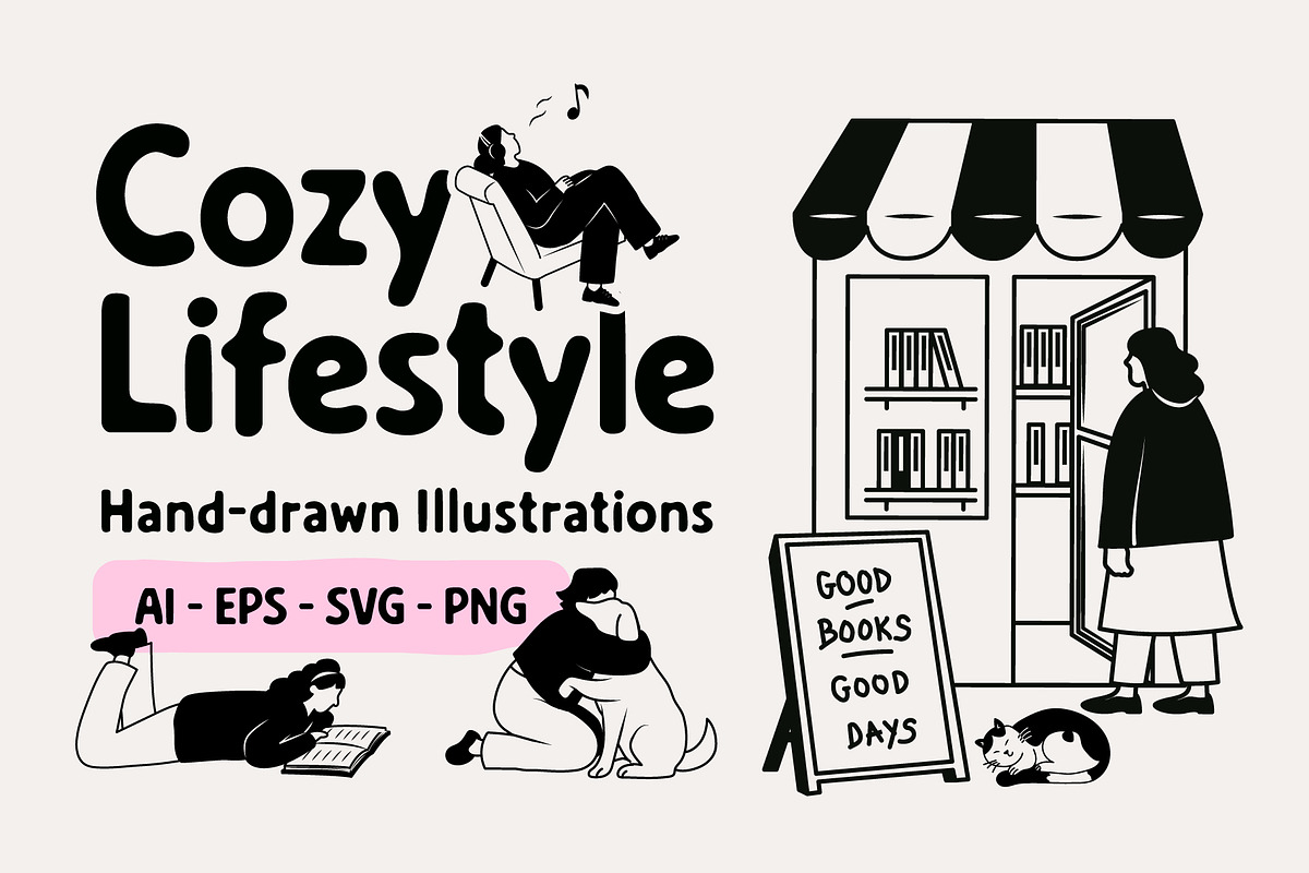 Cozy Lifestyle : Pet, Book, Plant, a Person Illustration by Jiwstudio (Photo 1 of 21)