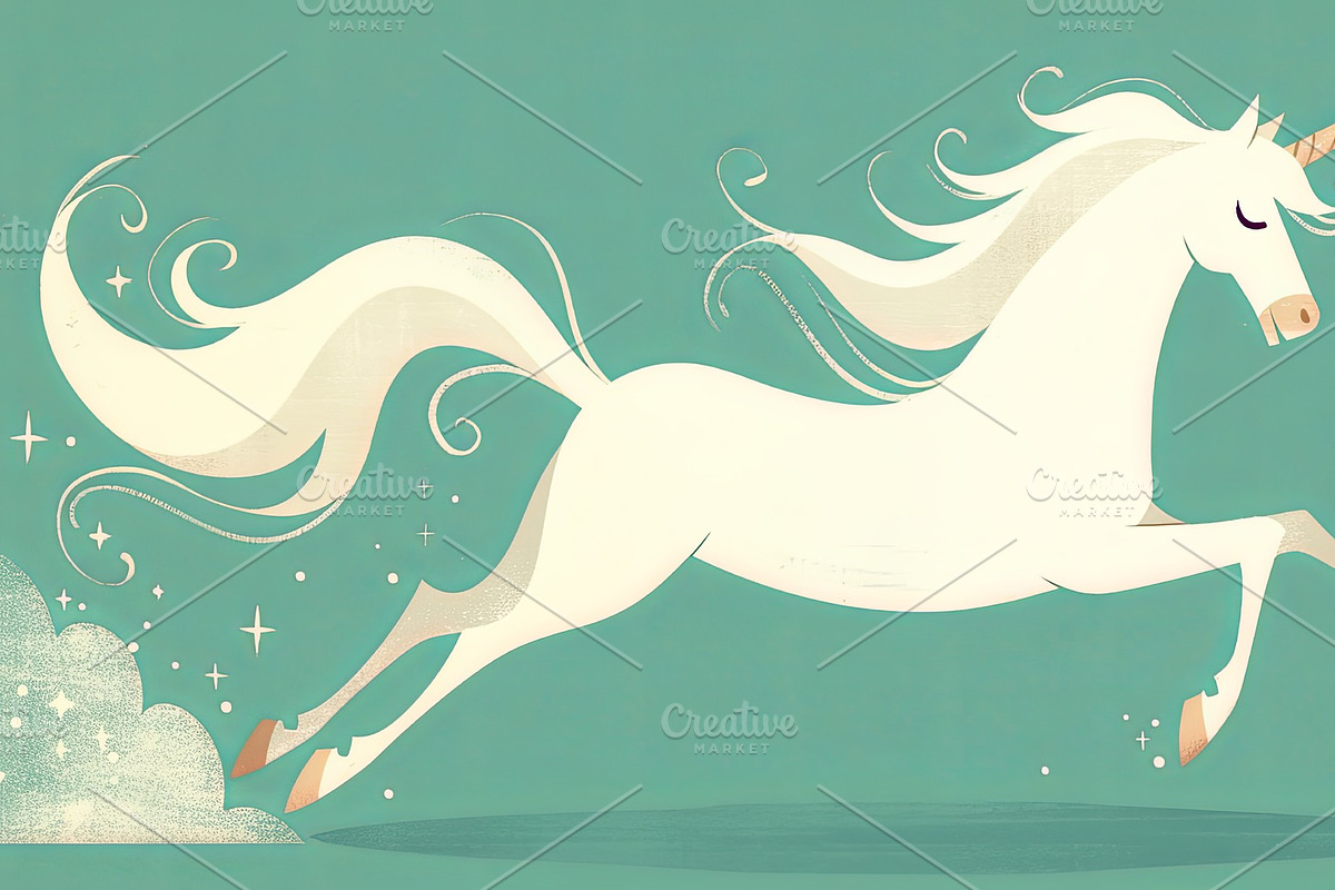 Graceful white unicorn prancing in a magical whimsical pastel fantasy scene, an Illustration by AS photostudio