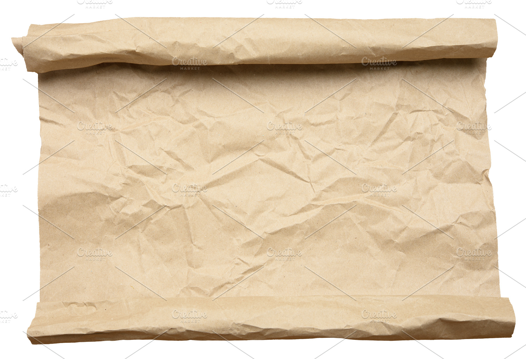 Crumpled sheet of brown kraft paper rolled into a roll at the to, an Abstract Photo by ndanko