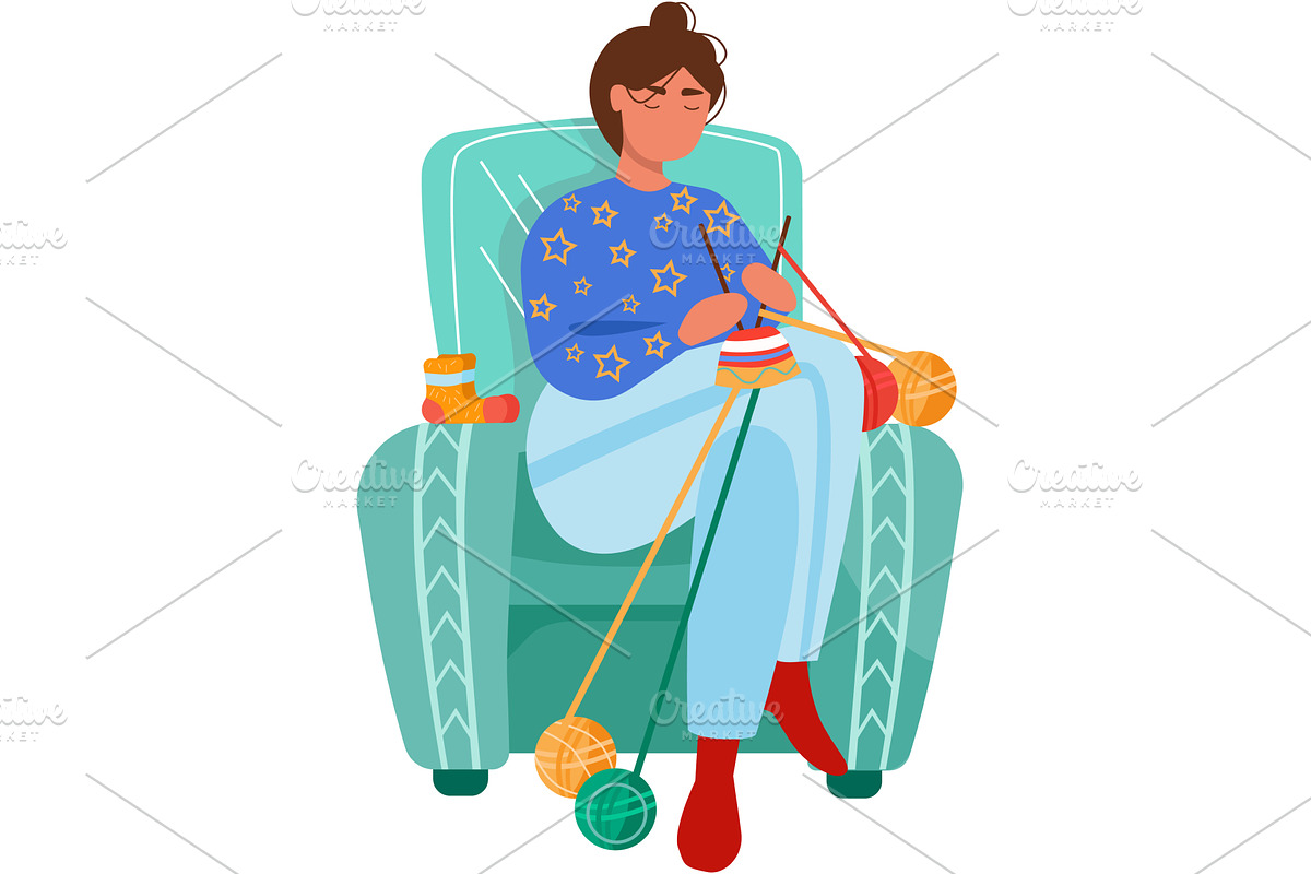 Happy woman knitting hat in armchair, a Person Illustration by vectorpointstudio