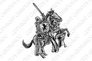 Knight On Horse Woodblock Engraving Style