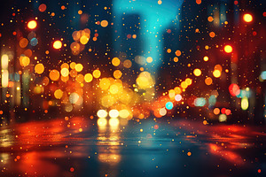 Magical rainy night city street with glowing bokeh lights and re, an Abstract Photo by José Manuel Gelpi