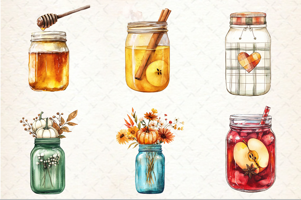 Watercolor Fall Mason Jars Clipart, an Illustration by Rose Art (Photo 3 of 7)