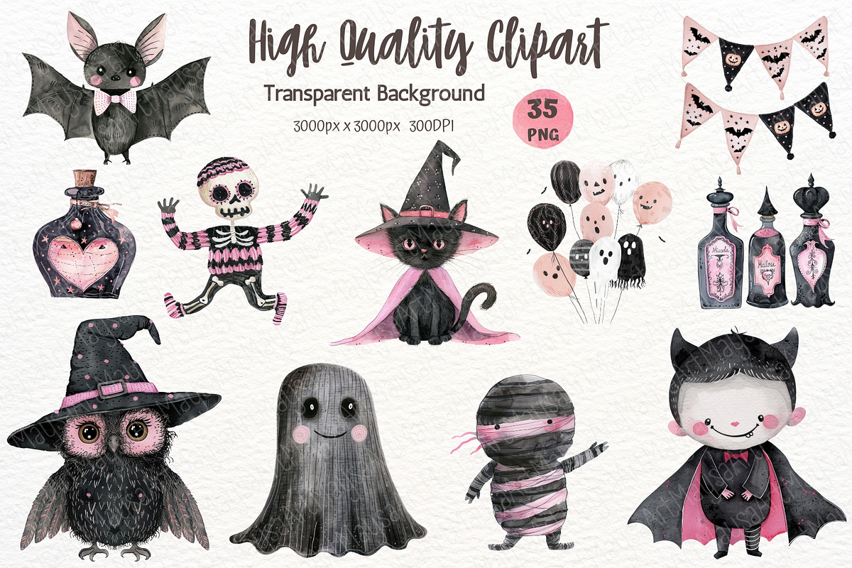 Pink Halloween Watercolor Clipart, a Seasonal Illustration by Maysa Art (Photo 2 of 6)