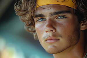 Young athlete with curly hair in a bright yellow headband, a Person Photo by AlyaAnd