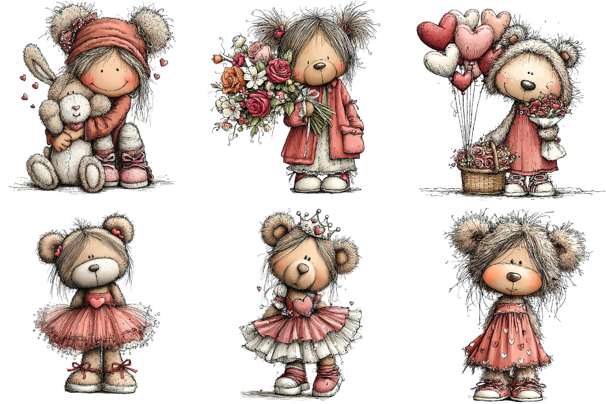 Whimsical Teddy Bear Girl Clipart, an Illustration by CraftArtStudio (Photo 3 of 6)