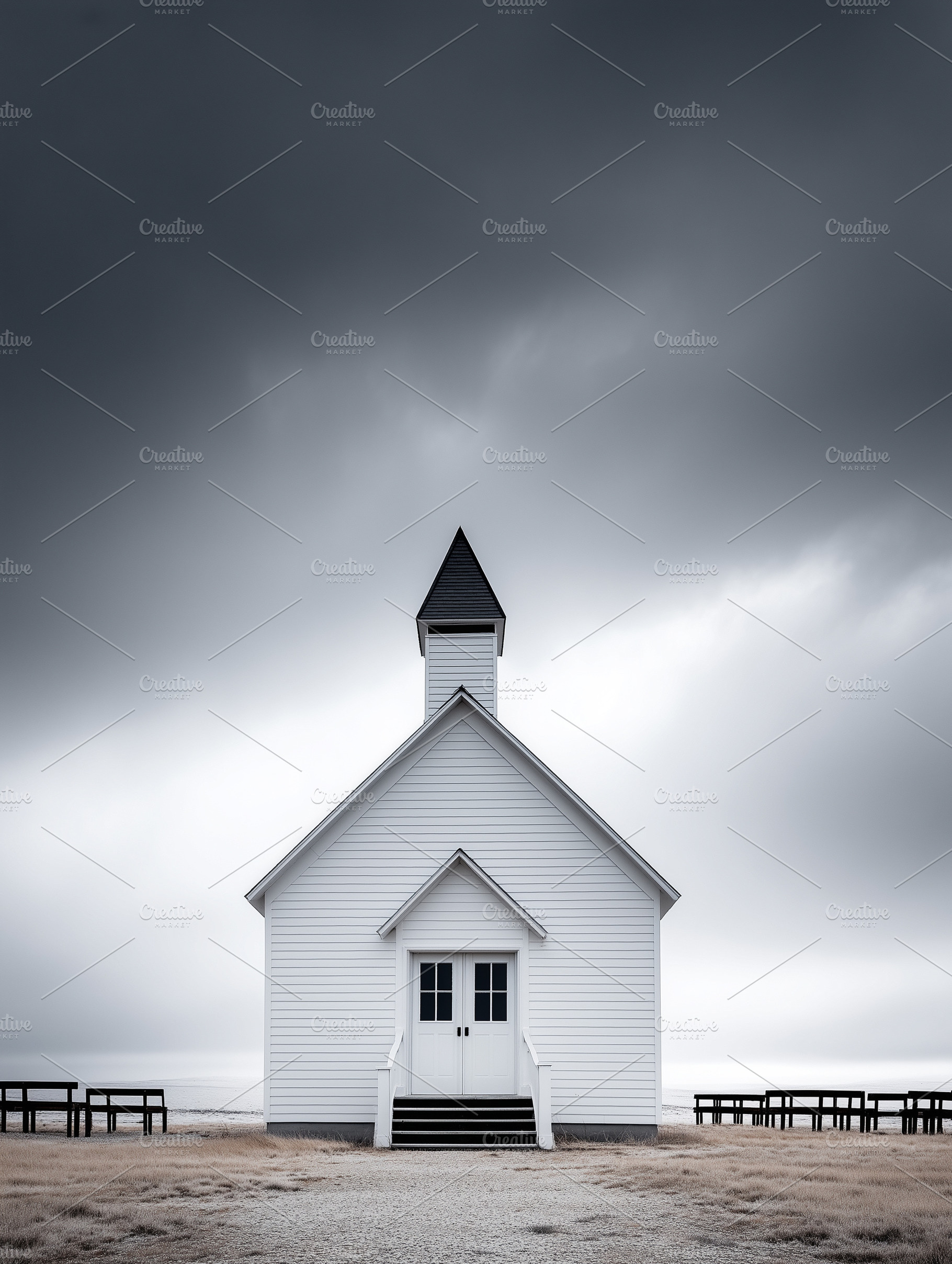 Minimalist white wooden church with, an Architecture Photo by MistyDay