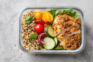 Healthy meal prep with grilled chicken and vegetables, a Food & Drink Photo by AlyaAnd