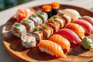 Assorted sushi platter with nigiri and rolls, a Food & Drink Photo by AlyaAnd