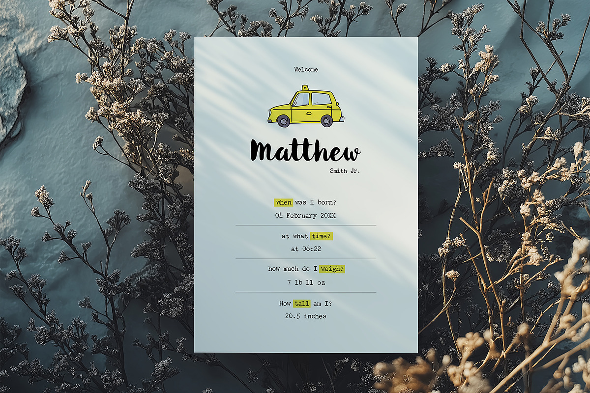 Playful Taxi Birth Announcement Card, a Card Template by Filip Studio (Photo 1 of 3)