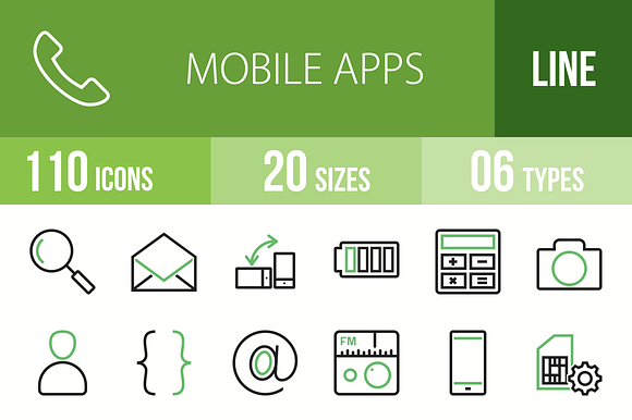 110 Mobile Apps Green Black Icons
