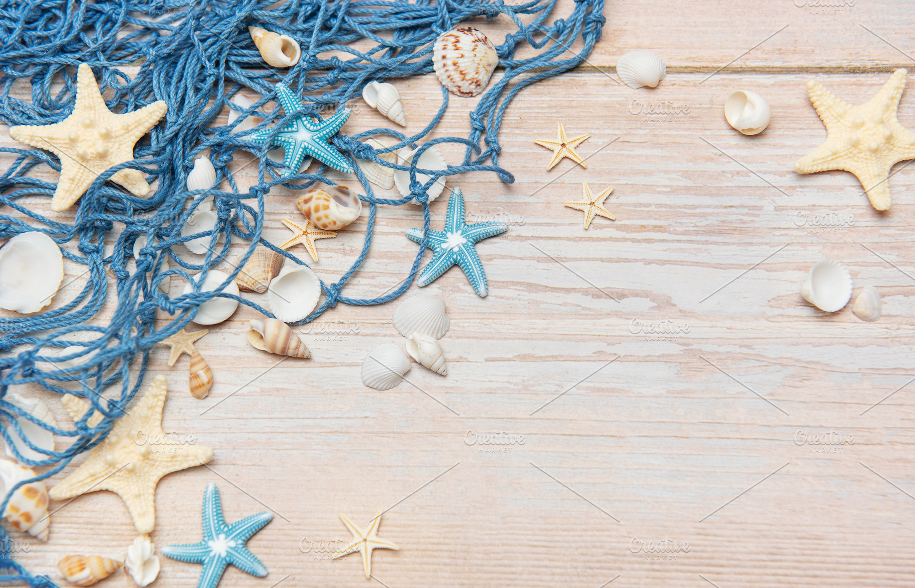 Fishing net, seashells, and starfishes creating a seaside border, a Holiday Photo by Olena Rudo