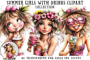 Summer Girls with Drinks Clipart, an Illustration by OK Design