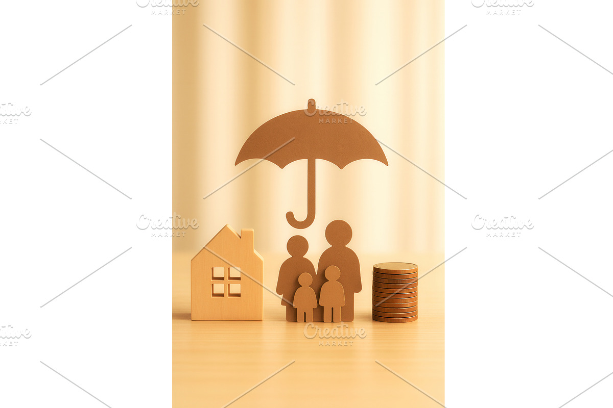 Wooden cutouts of a family under an, a Finance Illustration by Sergey Kotenev