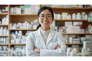 Asian female pharmacist in a white, a Health & Medical Photo by Sergey Kotenev