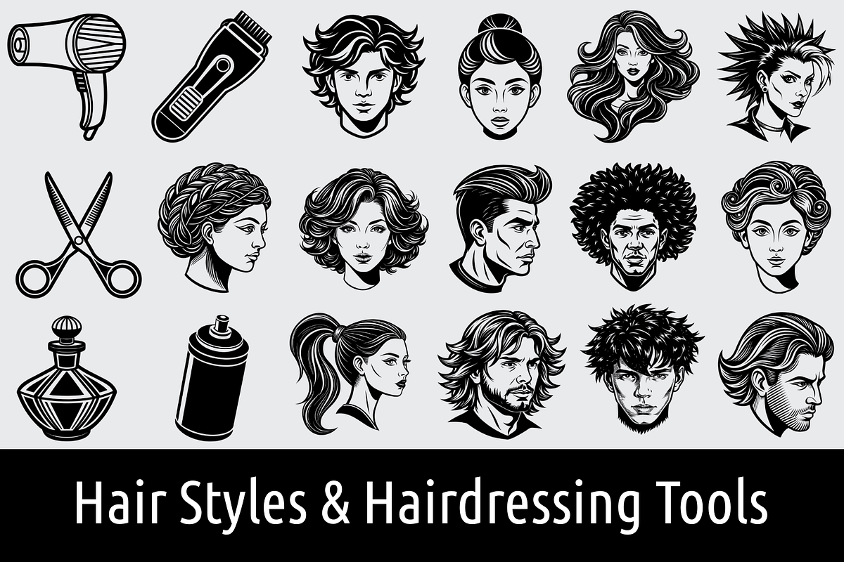 SVG Hair Styles & Hairdressing Tools, an Object Graphic by Palleon