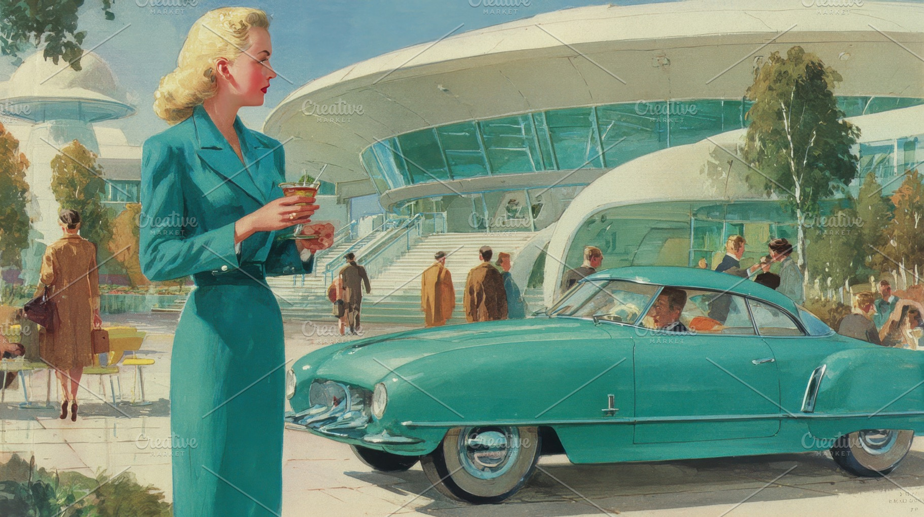 Woman with drink by vintage car, a Photo by Beautiful things