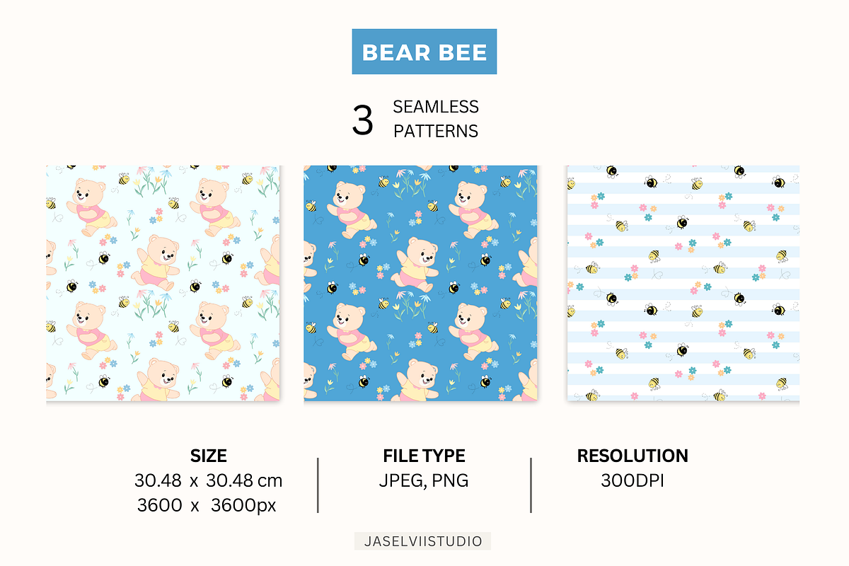 Bear Bee - Blue, a Pattern Graphic by Jaselvii Studio (Photo 2 of 6)
