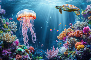 Vibrant coral reef scene jellyfish s, a Photo by Pixeness Studio