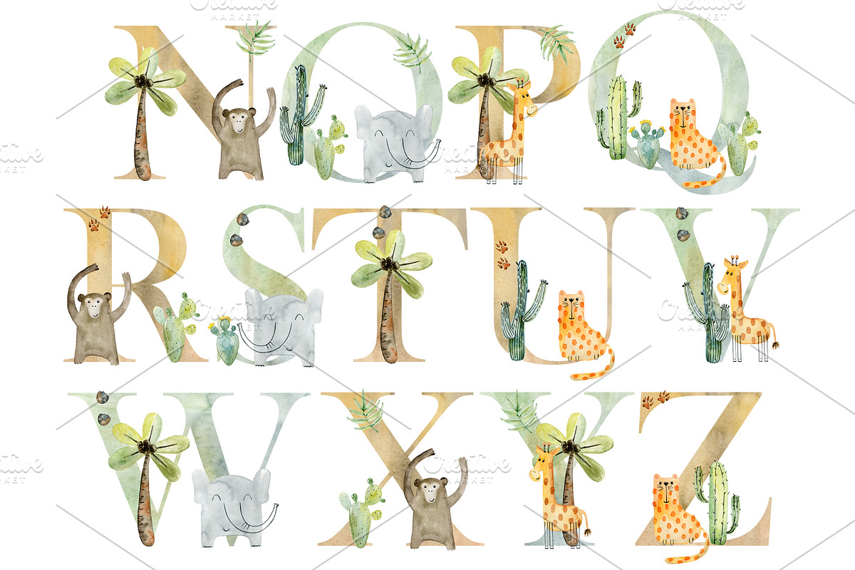 Watercolor safari clipart. Alphabet., an Animal Illustration by TaPilipa (Photo 7 of 13)