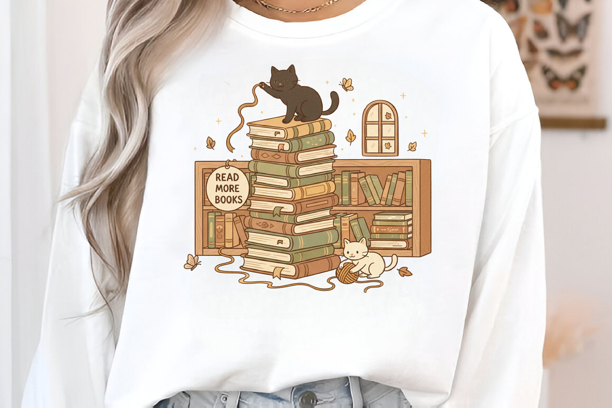 Whimsical Cat & Book Stack PNG, an Illustration by Craft Nest (Photo 2 of 6)