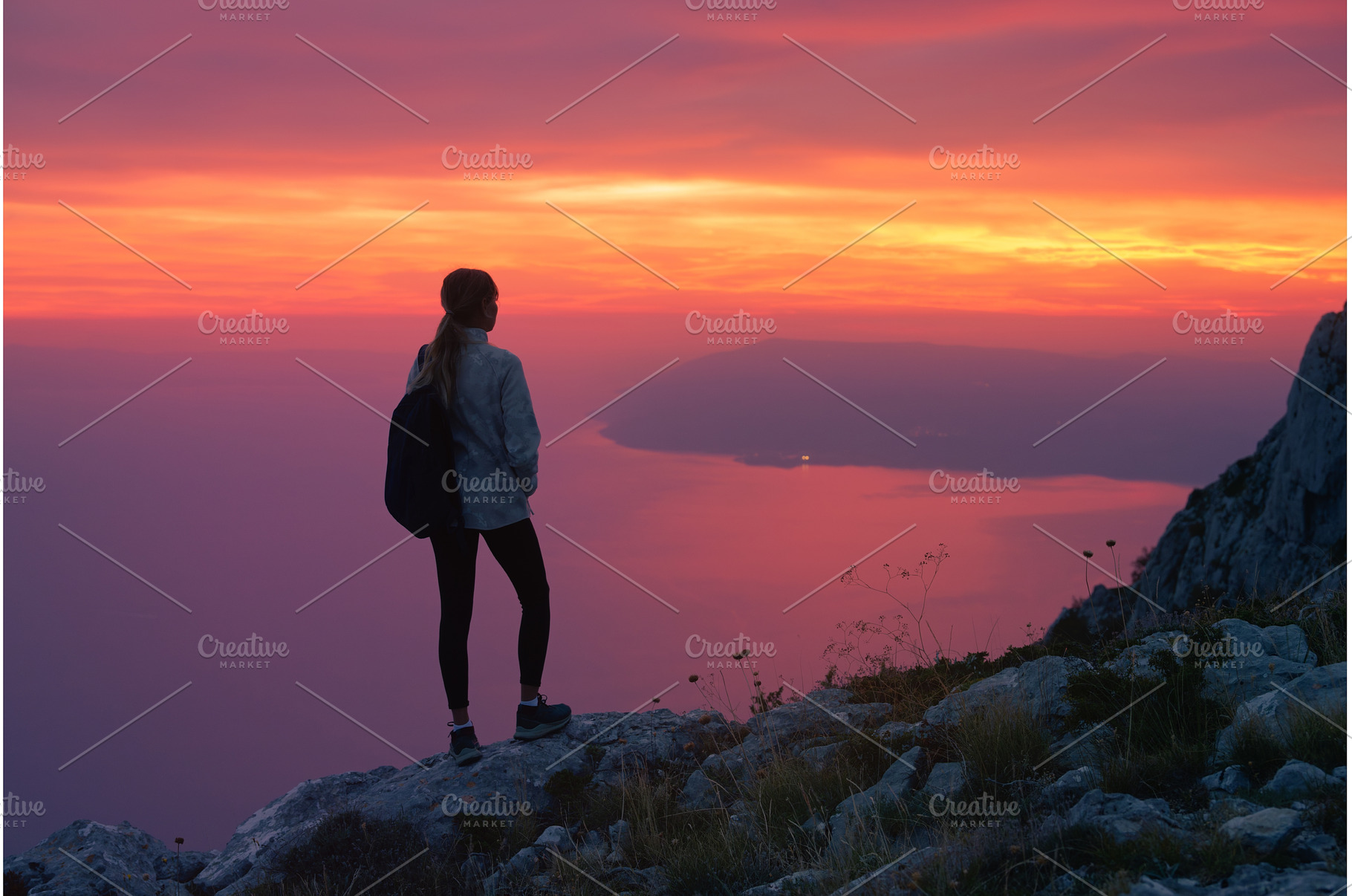 Women hiker with backpack standing, a Person Photo by den-belitsky