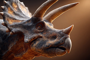 Portrait of a Triceratops facing forward with intricate details in natural ligh, a Photo by AlyaAnd