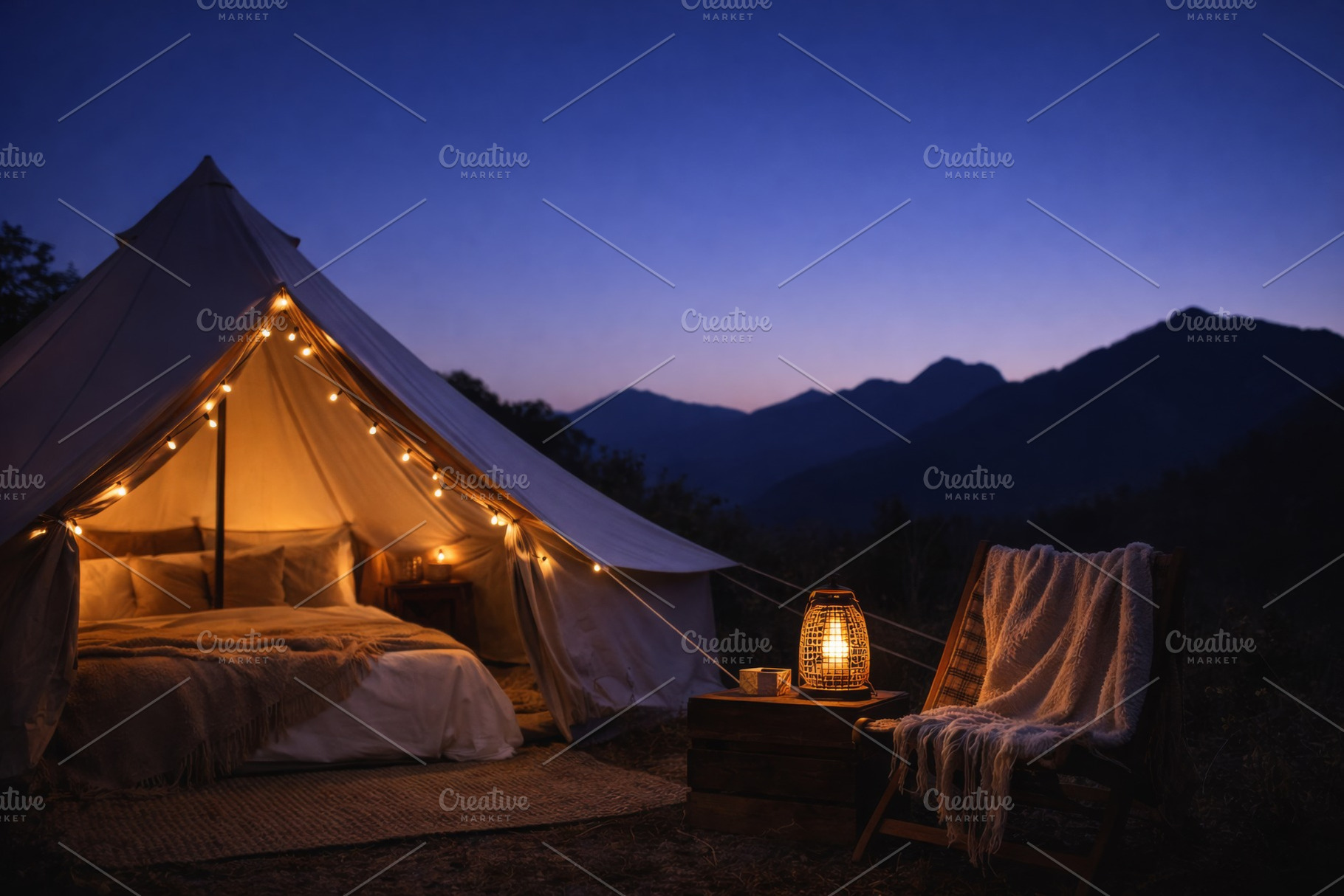 Outdoor glamping scene with cozy ten, a Photo by Dvoevnore photos
