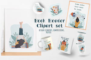 Book reader set. Girl with book., an Illustration by Julia Shop