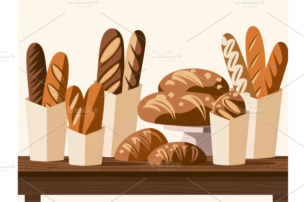 Assorted fresh bread and pastries, an Illustration by tilialucida