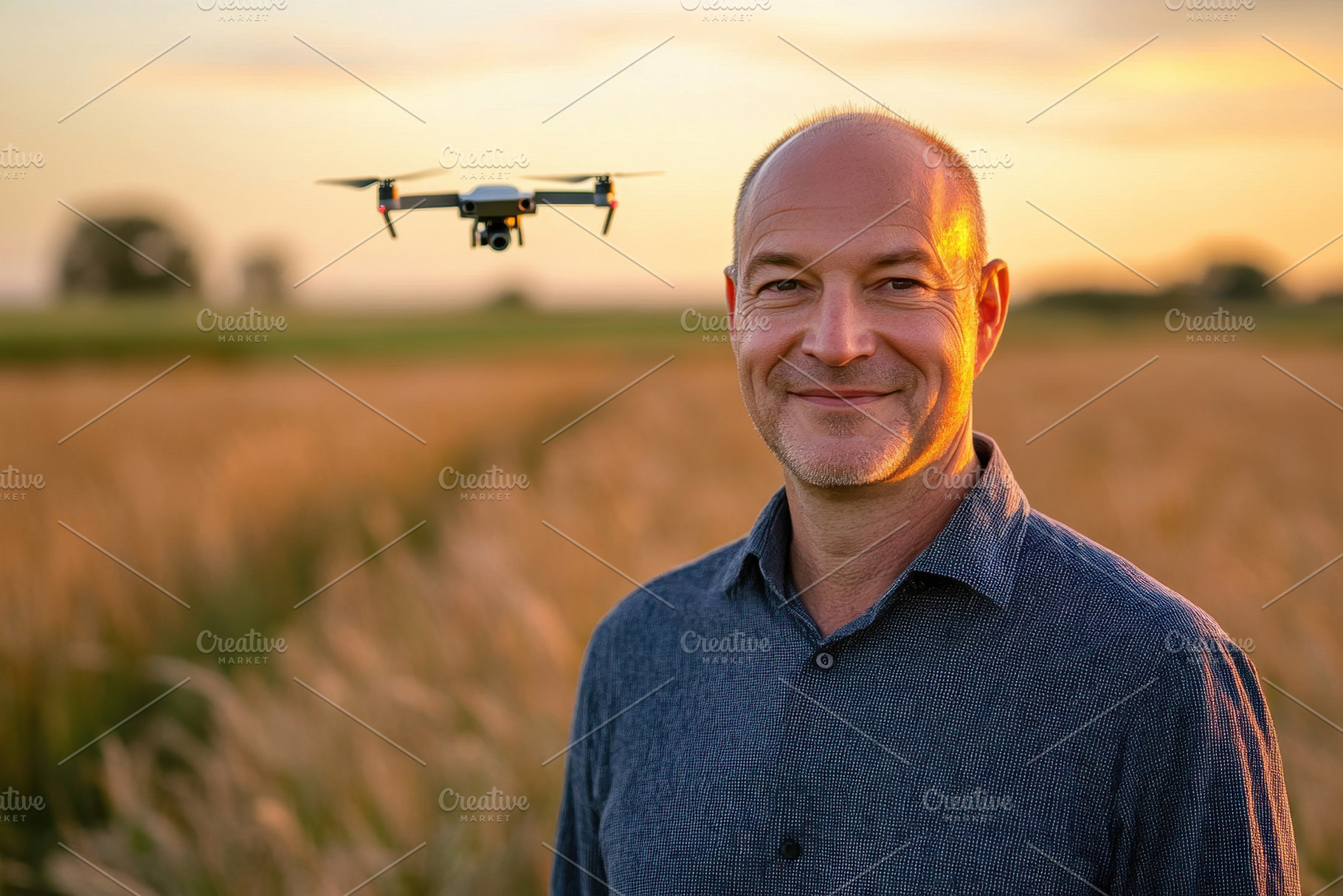 Man operates drone in a golden field, a Photo by Tanuart