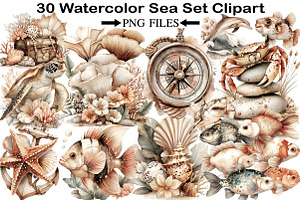 Watercolor Sea Set Clipart, an Illustration by Black Bird Studio