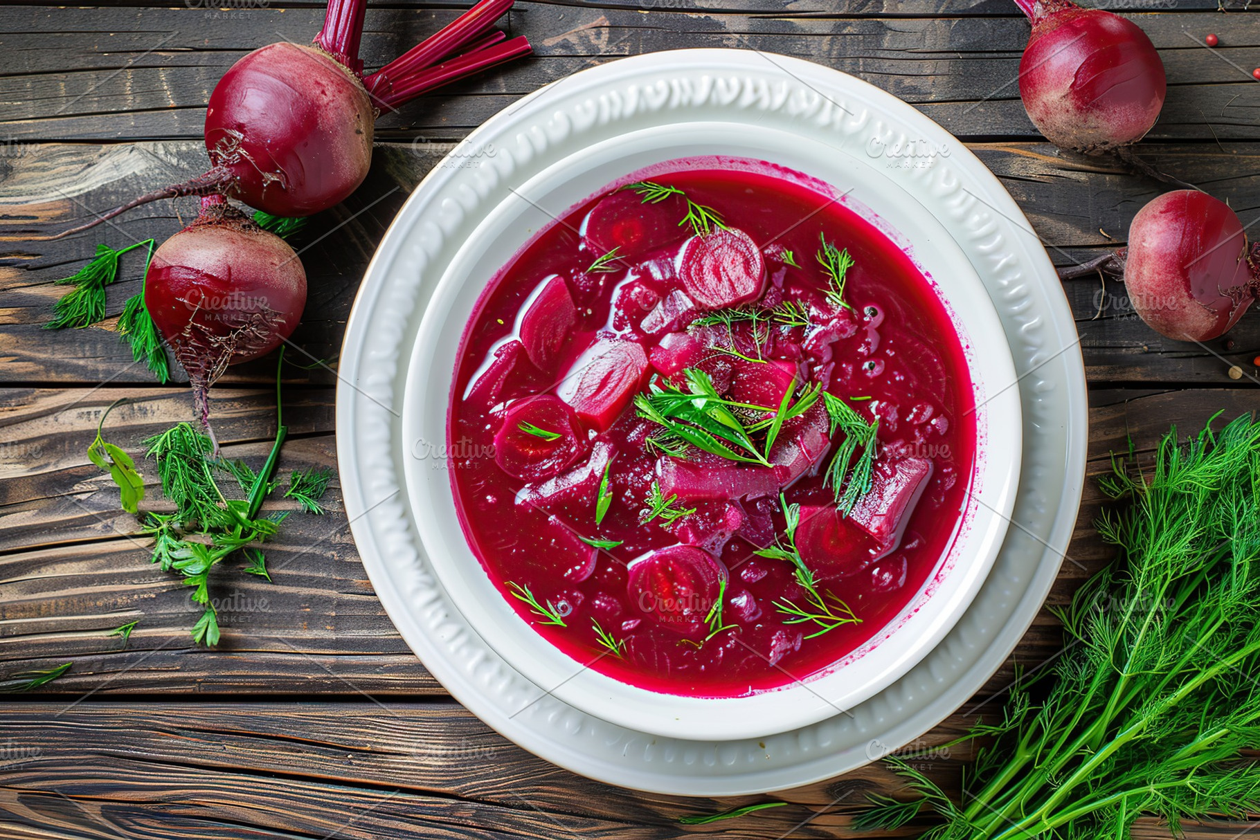 Bowl of beet root soup borsch on wooden table, a Food & Drink Photo by AlyaAnd