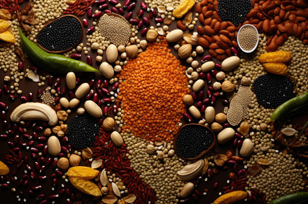 Assortment of grains and legumes on, a Photo by Iftikhar Alam