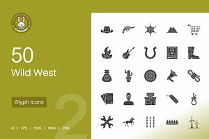 50 Wild West Glyph Icons, an Icon by IconBunny
