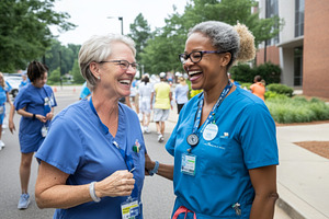 Group of female doctors laughing together outdoors, background, a Photo by Dvoevnore photos