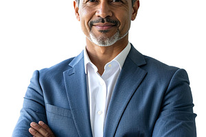 Confident business leader standing in front of large glass windo, a Person Photo by DanFLCreativo