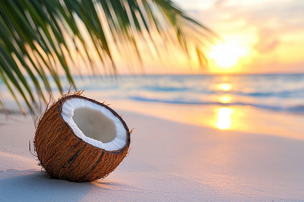 Fresh coconut on sandy beach on seaside background, a Food & Drink Photo by AlyaAnd