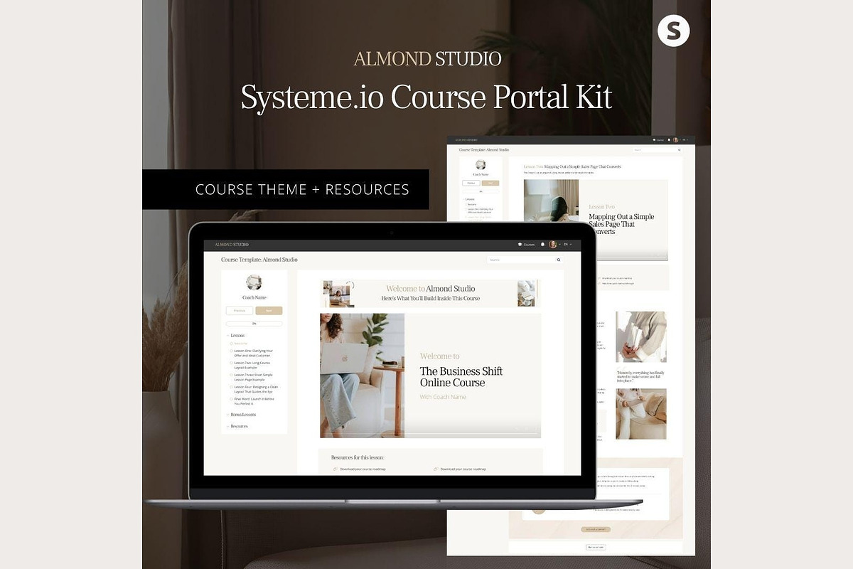 Systeme.io Almond Studio Course Port, a Landing Page Template by Hayley's Digital Hub (Photo 1 of 10)