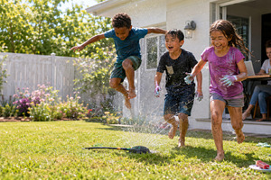 Children playing outdoors in summer,, a Photo by Dvoevnore photos