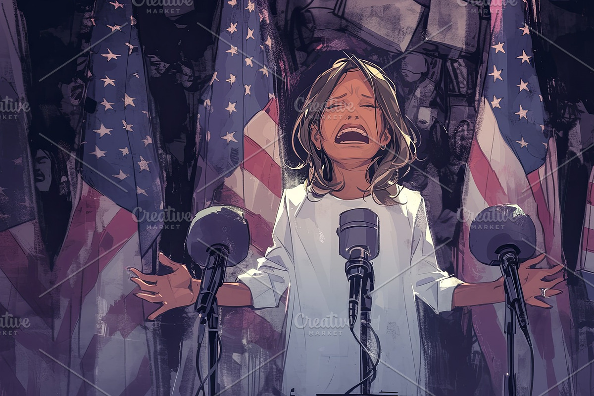 Young girl passionately addressing crowd with flags in the background, an Illustration by AS photostudio