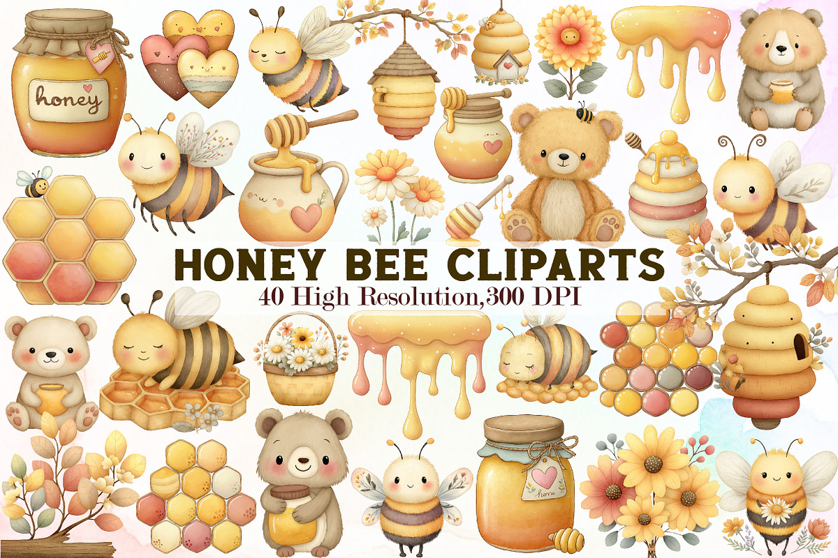 Honey Bee Watercolor Cliparts, an Illustration by Sublimation Artist (Photo 1 of 7)