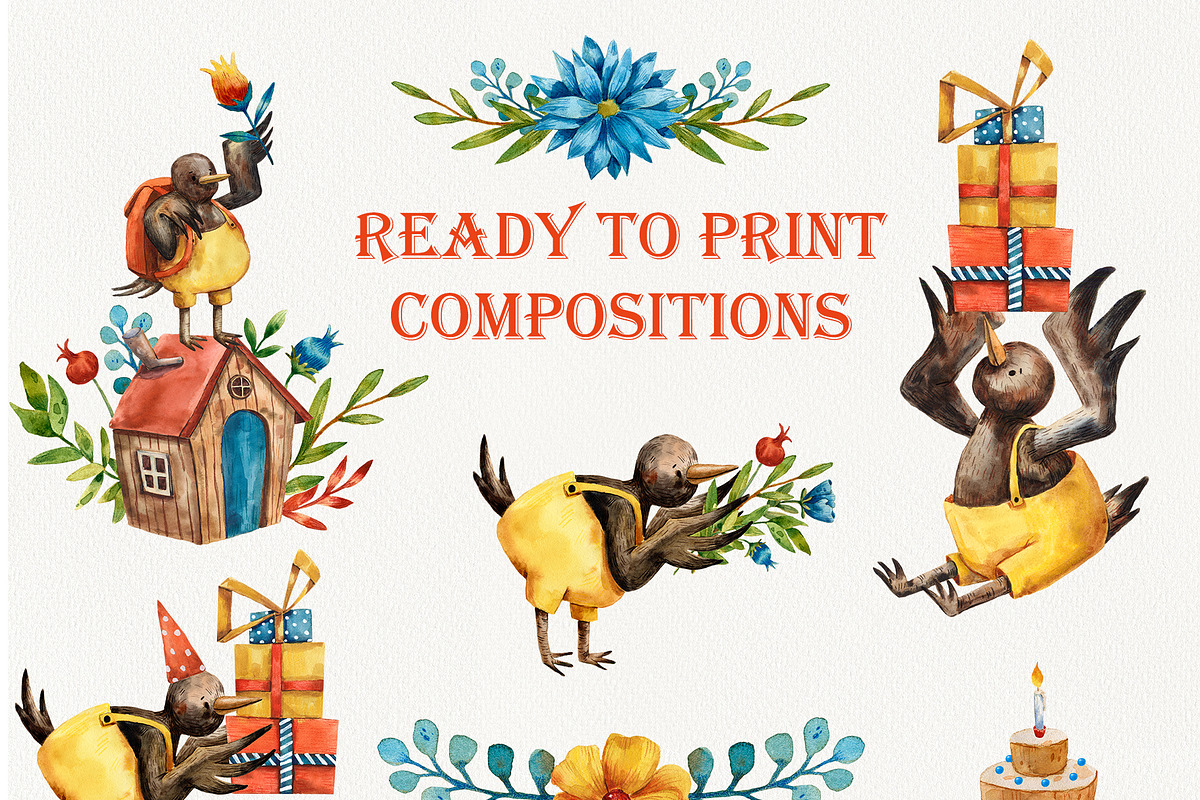 Bird's Birthday - Watercolor Clipart, an Animal Illustration by Mashamashastu (Photo 6 of 12)