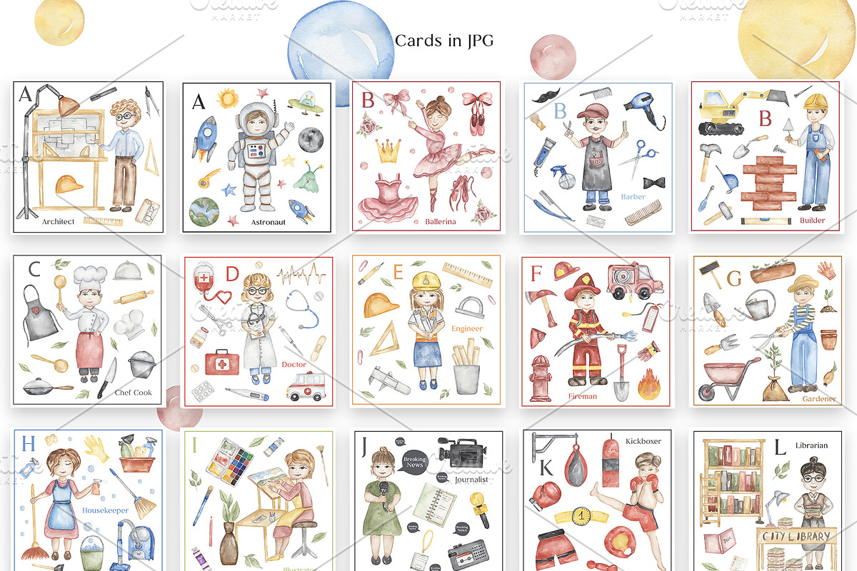 Watercolor Cute Alphabet Professions, an Education Illustration by MayaNavits (Photo 4 of 12)