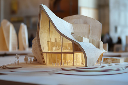 A detailed architectural model showcasing a modern building design with unique,, an Architecture Photo by Textures & Backgrounds